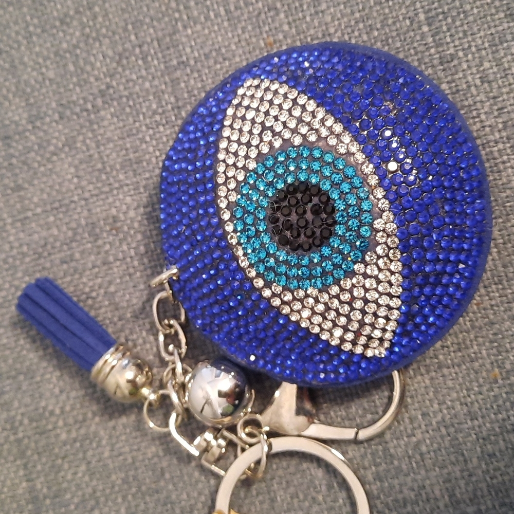 Evil Eye Rhinestone Keychain Purse Charm Round Leather Tassel